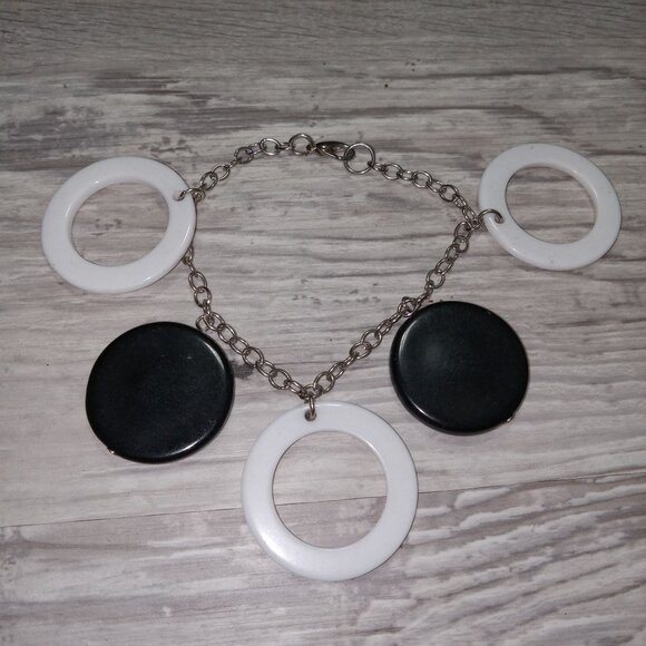 Vintage Bracelet Black & White Acrylic Circle Link With Chain Clasp Art Deco - Picture 4 of 5